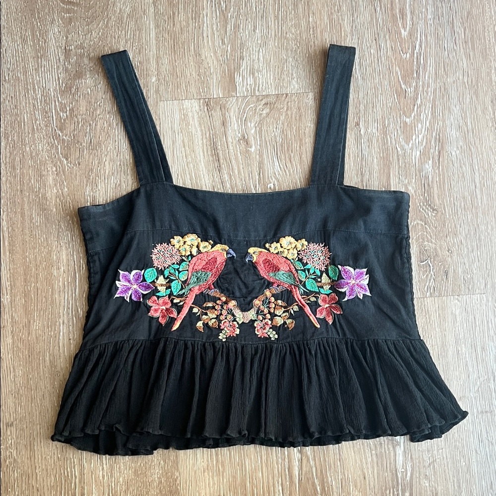 Carolina K Embroidered Bird Tank Top Black Peplum Boho Tulum size S/M